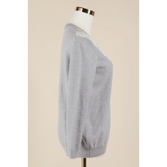 Sz S Rebecca Taylor Light Grey Merino Wool Pullover Sweater Lace Trim V Neck GUC - Picture 3 of 5